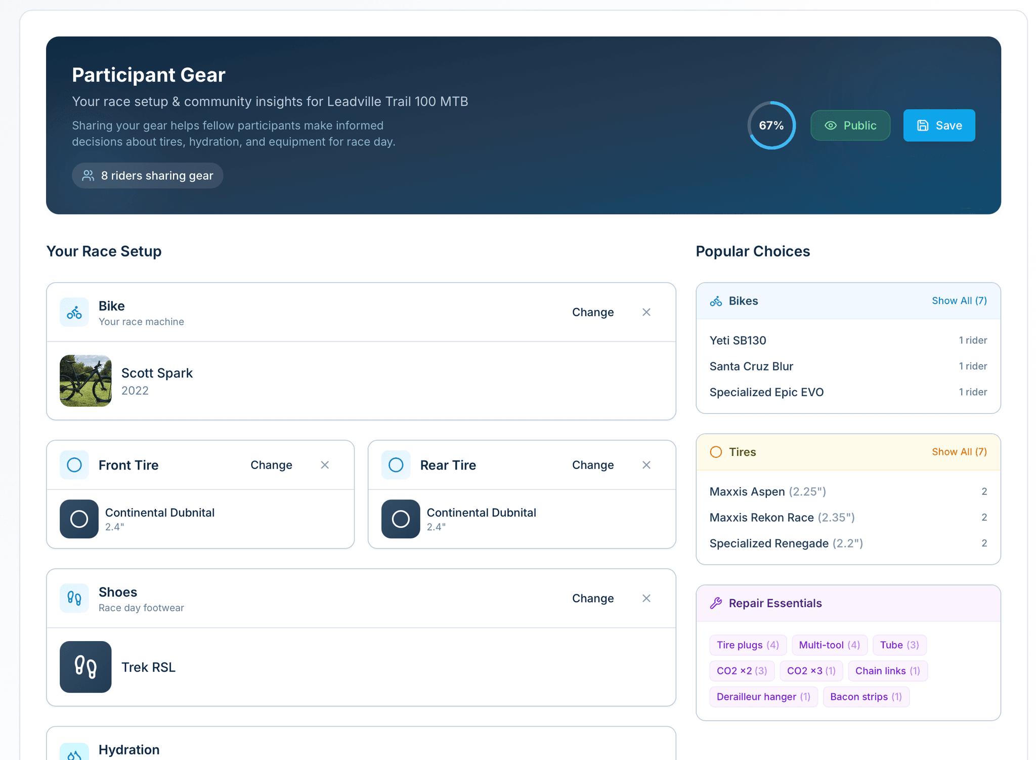 Community gear page showing what athletes are running